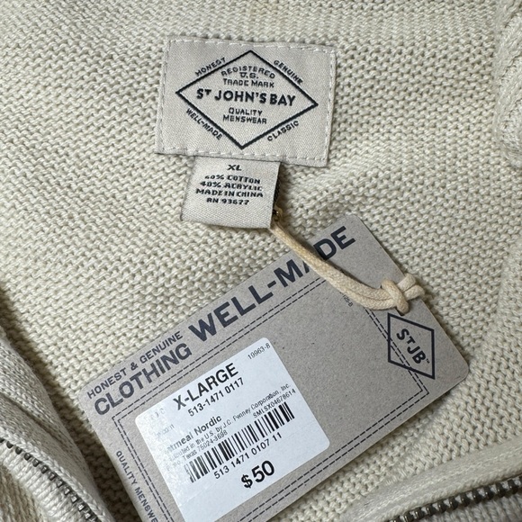 NWT St John’s Bay Fair Isle Mock Neck quarter zip sweater oatmeal Nordic mens xl - Picture 6 of 10
